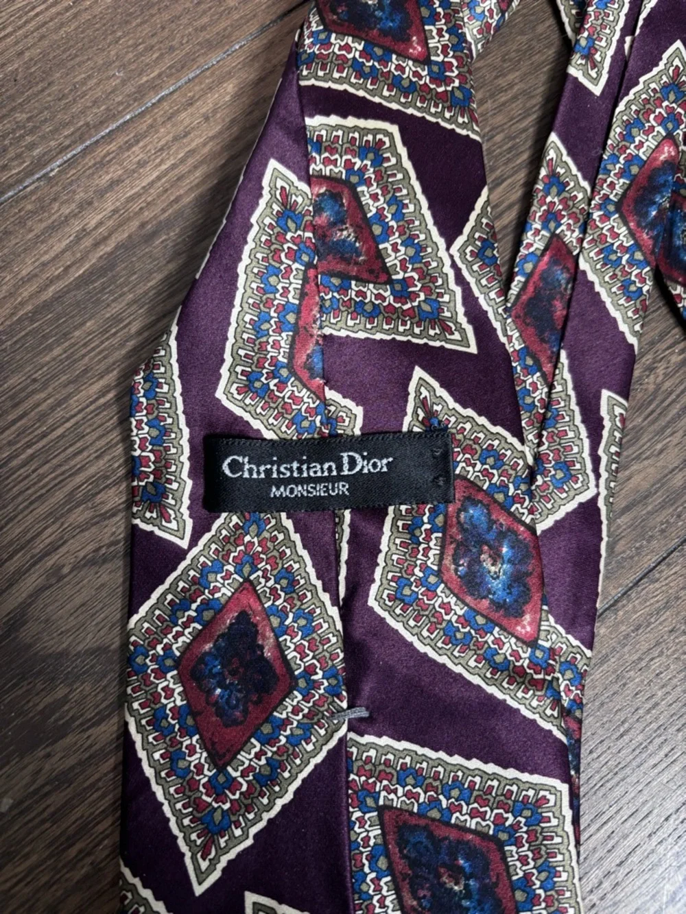 Vintage Christian Dior Maroon Silk Geometric Print Tie
